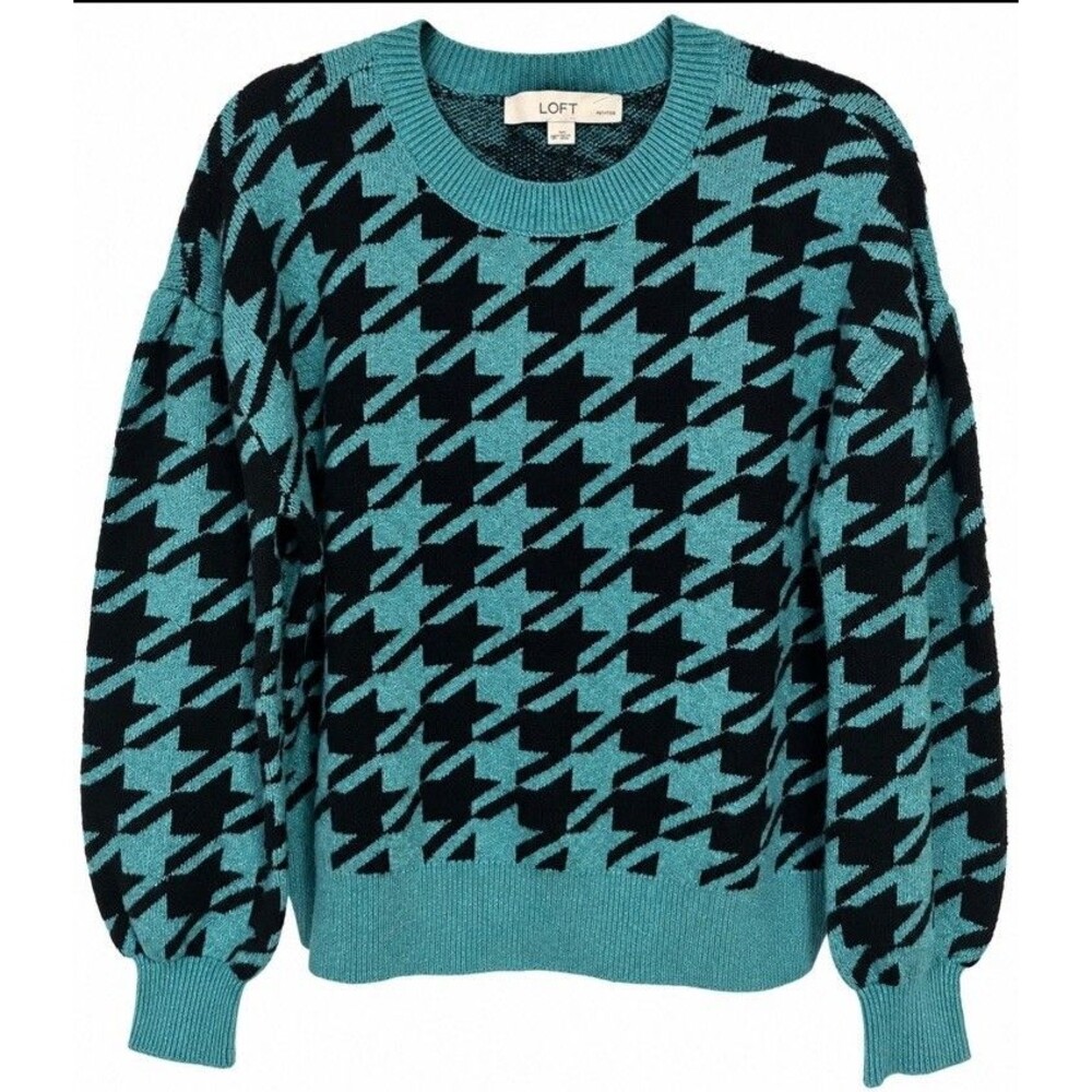 LOFT Houndstooth Sweater Women’s Petite Medium Puff Sleeve Statement Knit
